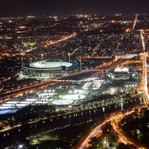 Aerial view of sports venues in Melbourne illuminated at night