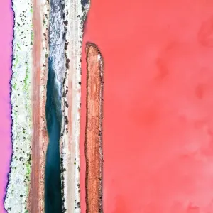 Aerial view over the stunning colourful lake at Hutt lagoon. Port Gregory, Western Australia