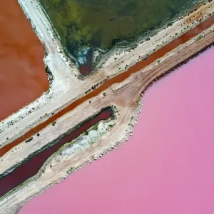Aerial view over the stunning colourful lake at Hutt lagoon. Port Gregory, Western Australia