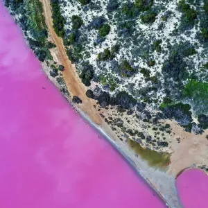 Aerial view over the stunning colourful lake at Hutt lagoon. Port Gregory, Western Australia