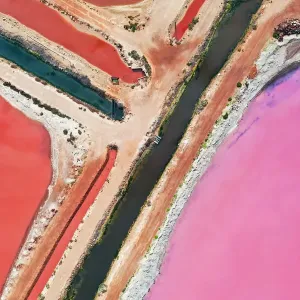 Aerial view over the stunning colourful lake at Hutt lagoon. Port Gregory, Western Australia