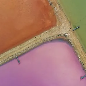 Aerial view over the stunning colourful lake at Hutt lagoon. Port Gregory, Western Australia