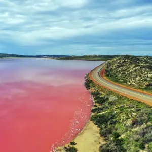 Aerial view over the stunning colourful lake at Hutt lagoon. Port Gregory, Western Australia