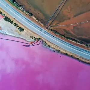Aerial view over the stunning colourful lake at Hutt lagoon. Port Gregory, Western Australia