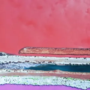 Aerial view over the stunning colourful lake at Hutt lagoon. Port Gregory, Western Australia