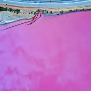 Aerial view over the stunning colourful lake at Hutt lagoon. Port Gregory, Western Australia