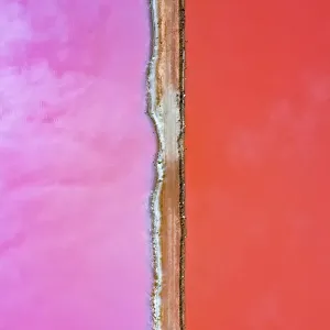 Aerial view over the stunning colourful lake at Hutt lagoon. Port Gregory, Western Australia