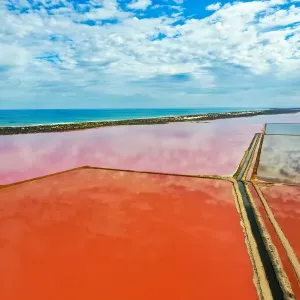 Aerial view over the stunning colourful lake at Hutt lagoon. Port Gregory, Western Australia