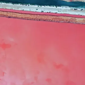 Aerial view over the stunning colourful lake at Hutt lagoon. Port Gregory, Western Australia