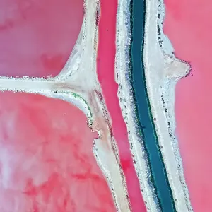 Aerial view over the stunning colourful lake at Hutt lagoon. Port Gregory, Western Australia