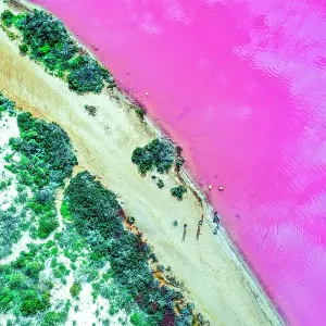 Aerial view over the stunning colourful lake at Hutt lagoon. Port Gregory, Western Australia
