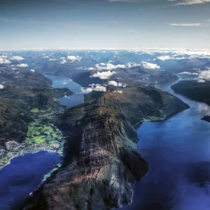 Aerial view of Sunmore deep fjords and mountains