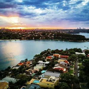 Aerial view of sunset over Middle Harbour, Sydney