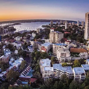 Aerial view of sunset over Sydney Harbour