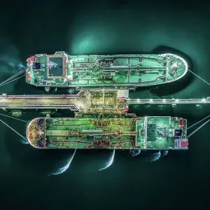 Aerial view tanker ship anchor parking in sea, Crude oil tanker ship and LPG tanker ship loading in bay at sunset, Bulk boat anchor