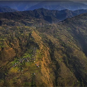 Aerial view of the terraced farmland near Pokhara, Nepal