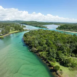 Aerial Views of crystal clear water in the Brunswick River, New South Wales