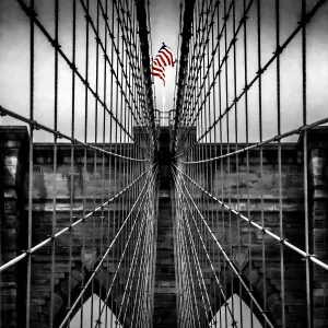 Black and White Brooklyn Bridge Print with Color American Flag