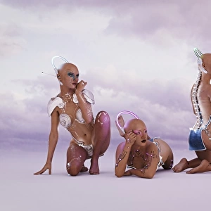 android, bald, bikini, cloud, color image, concept, copy space, cyborg, day, digital composite