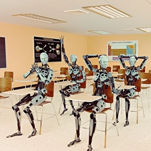 android, classmate, classroom, color image, concept, desk, digital composite, digitally generated