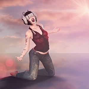 angry, anguish, ar, arm, augmented reality, barefoot, beauty, black hair, cloud, color image