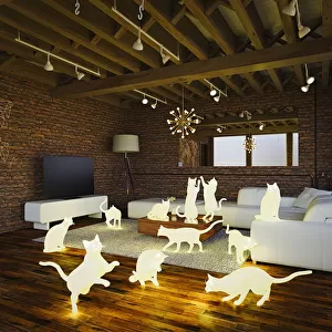 animals, apartment, beam, bizarre, brick, cat, ceiling, color image, copy space, domestic life