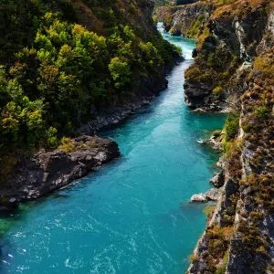 Aquamarine Kawarau River on summer afternoon outside Queenstown, New Zealand