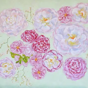Arrangement of Scattered Camellias Theaceae in Pinks and White Acrylic Painting