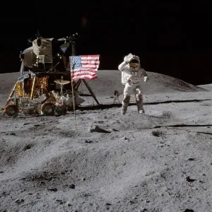 Astronaut John Young leaps from lunar surface to salute flag