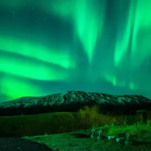 Aurora Borealis Print over Icelandic Mountains