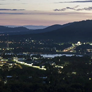 Australia, Canberra, Aerial view of downtown during sunset