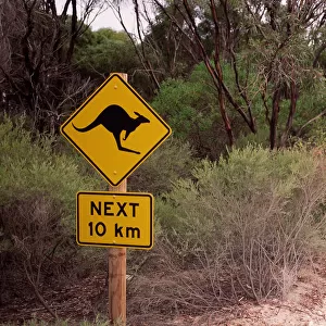 Australia, dirt road with kangaroo crossing sign