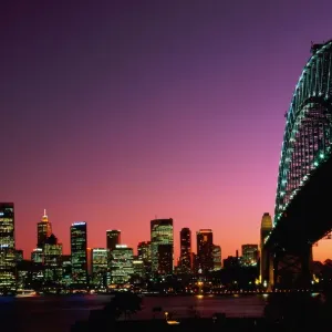 Australia, New South Wales, Sydney Harbour Bridge and city at dusk Australia, New South Wales, Sydney Harbour Bridge and city at dusk