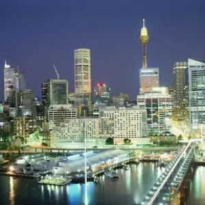 Australia, Sydney, Darling Harbour and city skyline at night Australia, Sydney, Darling Harbour and city skyline at night
