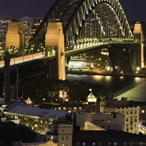 Australia, Sydney, Sydney Harbour and Bridge at night, elevated view