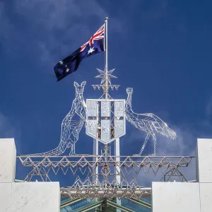 Australian Flag and Coat Of Arms Parliament House, Canberra, Australia