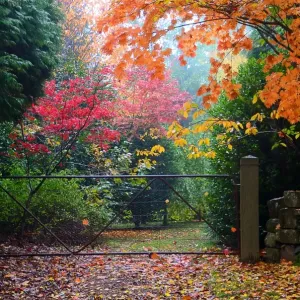 Autumn leaves & trees over gated driveway Autumn leaves & trees over gated driveway