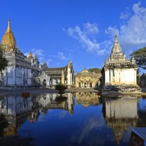 Bagan buddhist temple reflections in water