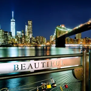 Beautiful Manhattan Print at Night with Love Locks and Iconic Skyline