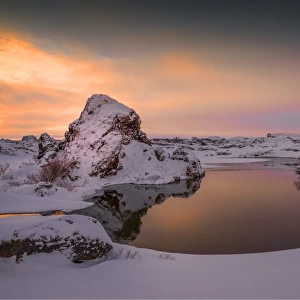 The beautiful and serene lake Myvatn during winter at Dimmuborgir, Iceland