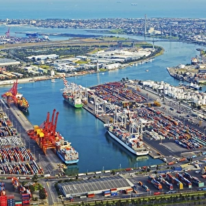 Birds eye view of industrial dockland area of Melbournes Coode Island