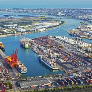 Birds eye view of industrial dockland area of Melbournes Coode Island