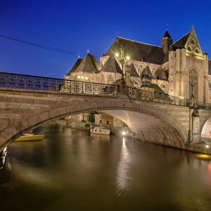The Blue Hour of Saint Michaels Church & Bridge Along Leie River, Ghent, Belgium