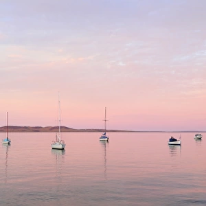 Boats moored in Boston Bay at sunset