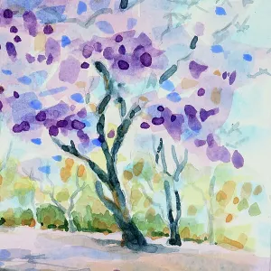 Branches and Flowers Jacaranda Tree Watercolor Painting Detail