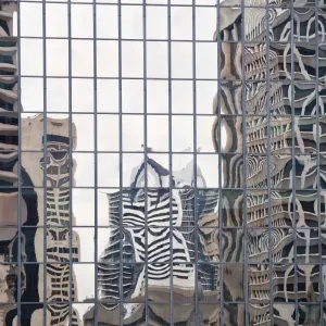Buildings reflected in mirrored windows of office building, Brisbane, Australia
