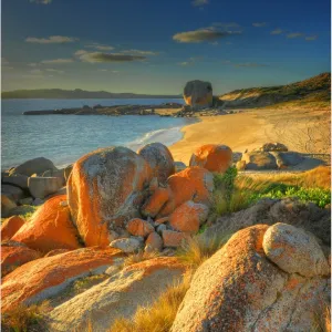 Castle rock and Marshall bay, Flinders Island, Bass Strait, Tasmania, Australia