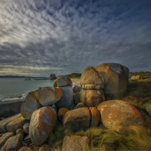 Castle rock and Marshall bay, Flinders Island, Bass Strait, Tasmania, Australia