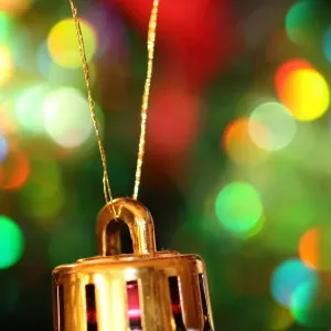 La decoración de Navidad colgando en un árbol con luces al fondo.