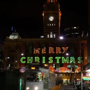 Christmas Sign, Flinders Street Train Station, Melbourne Australia Christmas Sign, Flinders Street Train Station, Melbourne Australia